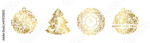 Set of Christmas elements. Hand drawn ornament of gold color. Happy new year.