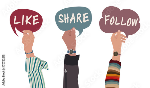 Raised hands and arms of colleagues or friends holding speech bubble with the text -like-share-follow- inside. Concept of communication and sharing on social networks.Recommend following