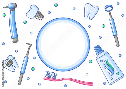 Medical card with dental equipment icons. Dentistry and health care background.