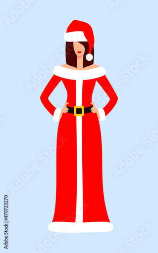 Beautiful brown-haired Mrs. Claus in red with a white dress and hat on a blue background. Christmas character. Flat vector illustration
