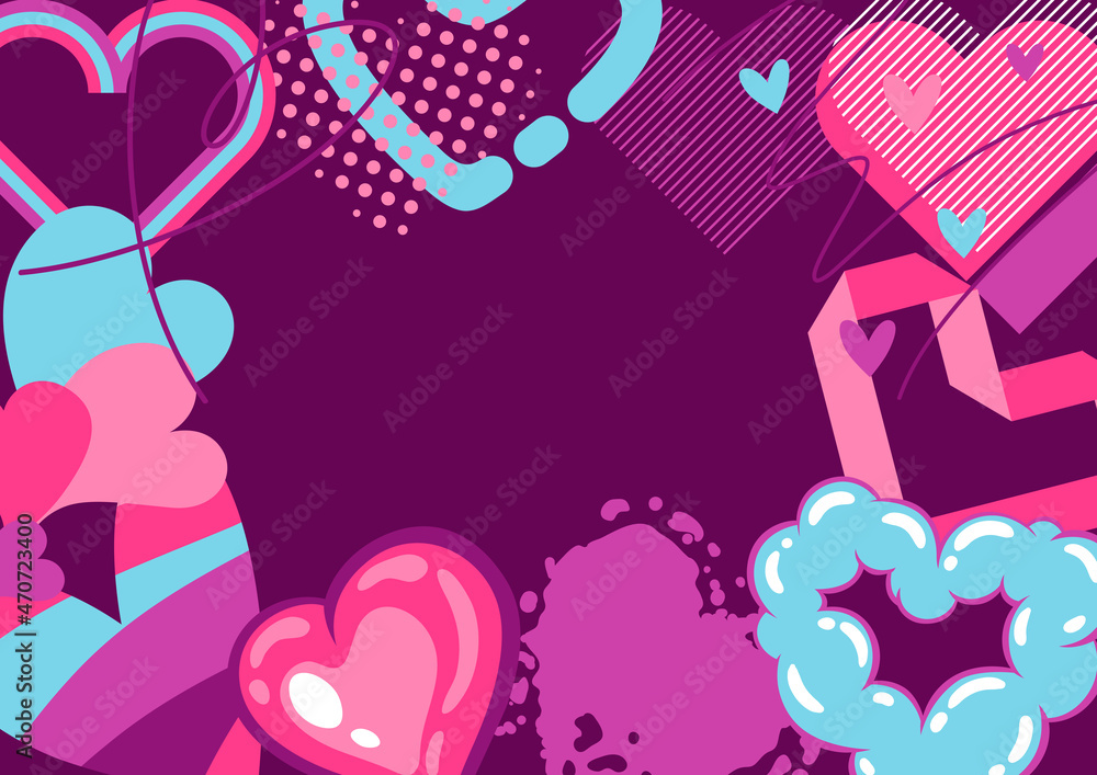 Valentine Day greeting card with various hearts. Romantic background.