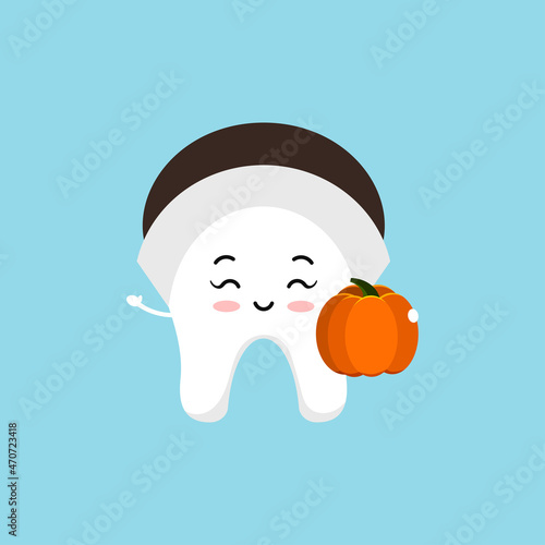 Thanksgiving tooth girl in pilgrim bonnet hat with pumpkin in hand. White teeth in carnival costume - dental character for harvest day dentist card. Flat design cartoon style vector illustration. 