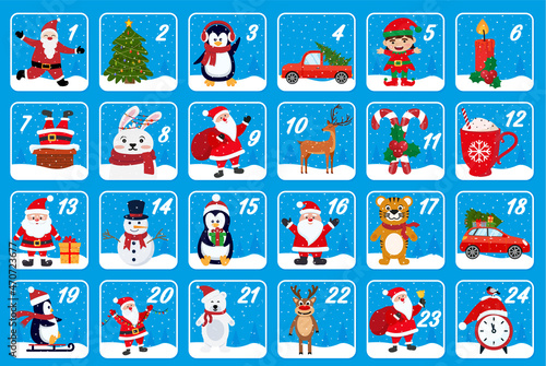 Advent calendar. Christmas holiday celebration cards for countdown