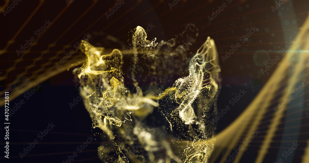 Image of white and yellow particle form moving on dark background Image of white and yellow particle form moving on dark background