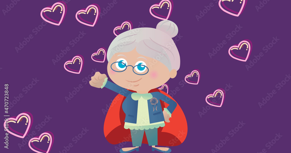 Fototapeta premium Image of illustration of happy senior woman wearing superhero cape, with hearts, on purple