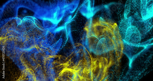 Image of glowing blue and yellow particle forms moving on black background