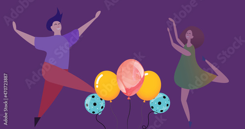 Image of illustration of happy man and woman dancing for joy, with balloons on purple background