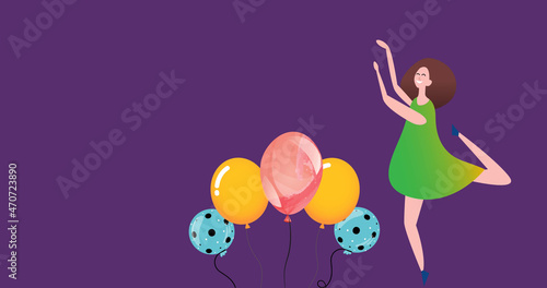 Image of illustration of happy man and woman dancing for joy, with balloons on purple background