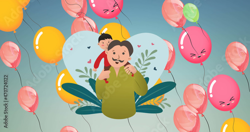 Image of illustration of happy father and son in nature, with colourful balloons on blue
