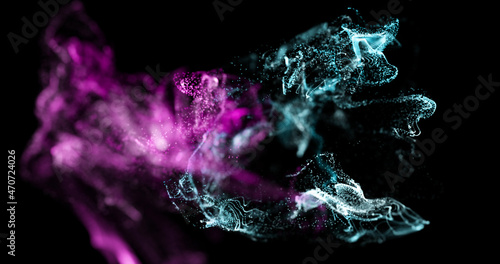 Image of pink and blue particles moving on black background