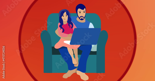 Image of illustration of father and daughter sitting in armchair embracing using laptop, on red