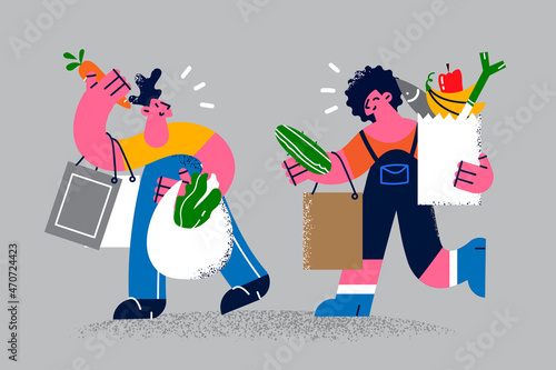Happy couple buy healthy products doing grocery shopping 