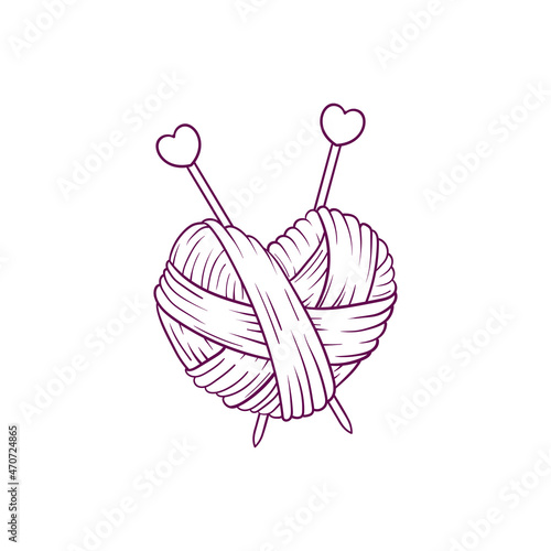 Hand drawn heart shape skein of yarn with knitting needles in doodle style isolated on white background photo