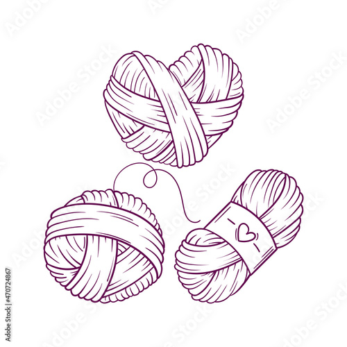 Set of three balls of yarn in doodle style isolated on white background