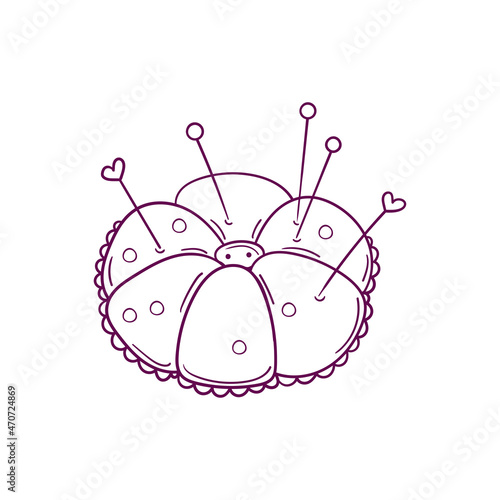 Hand drawn pincushion with pins and needles isolated on white background