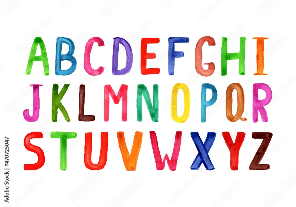 colorful watercolor alphabet isolated on white background, multicolored alphabet letters for depot dosine, the letters are drawn with a brush in bright color