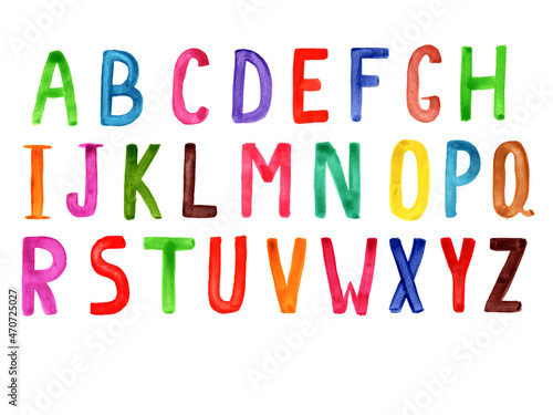 colorful watercolor alphabet isolated on white background  multicolored alphabet letters for depot dosine  the letters are drawn with a brush in bright color