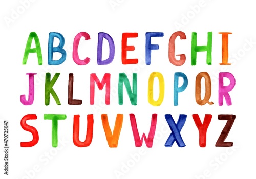 colorful watercolor alphabet isolated on white background, multicolored alphabet letters for depot dosine, the letters are drawn with a brush in bright color