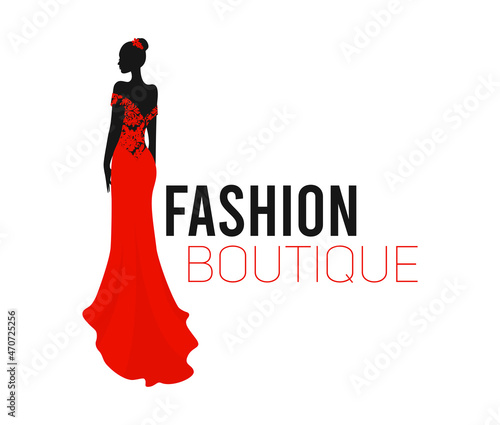 Silhouette of a woman in an elegant red long dress. Vector template for the beauty and fashion industry.