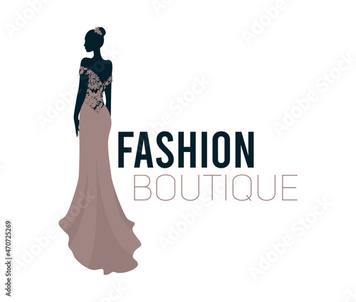 Silhouette of a woman in an elegant long dress. Vector template for the beauty and fashion industry.