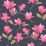 Seamless pattern with flowers and branches of magnolia. Vector graphics.