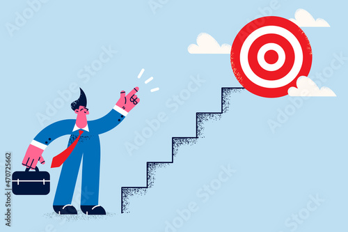 Motivated businessman go upstairs to career business success 