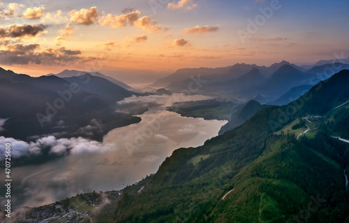 areal shot landscape from above in sunrise.