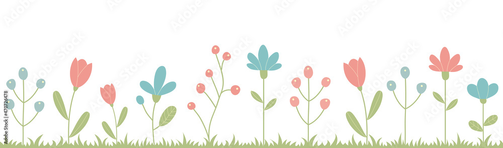 Panoramic garden with flowers and grass. Illustration isolated on white background.