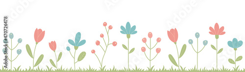Panoramic garden with flowers and grass. Illustration isolated on white background.
