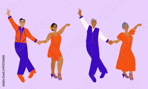 Illustration set of professional ballroom dancers in bright outfits