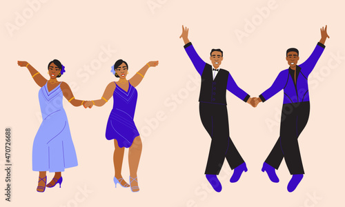 Illustration set of professional ballroom dancers in bright outfits