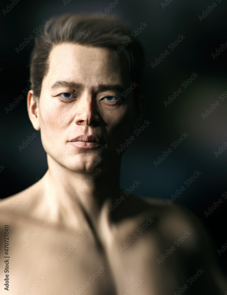 Shirtless athletic asian man. Low key studio portrait. 3D rendering. Shirtless athletic asian man. Low key studio portrait. 3D rendering.