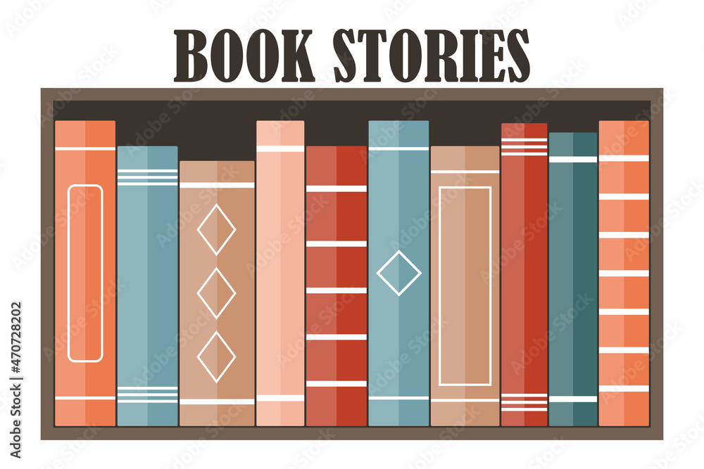 Multi-colored books on the shelf are in a row. Education and knowledge concept. Library with books. Book store. Vector image. Multi-colored books on the shelf are in a row. Education and knowledge concept. Library with books. Book store. Vector image.