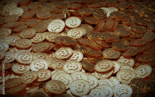 Stack of golden Bitcoin BTC coins in blurry closeup with copy space above in blurred area. 3D rendering