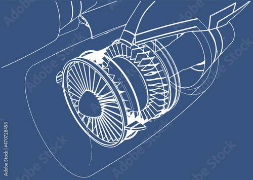Jet Engine in an Airplane. X-ray. Outline style. Vector illustration.