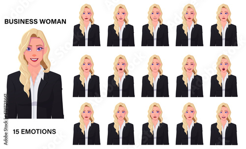 Beautiful Blond Caucasian Businesswoman In Black Suit Emotional Expressions Set Premium