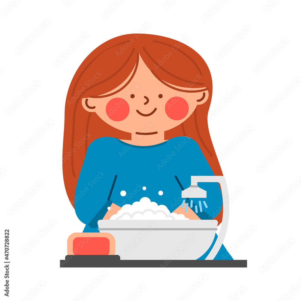 Cute little character teenager girl. Morning routine of hygiene procedures. Baby child in the bathroom. Vector illustration.