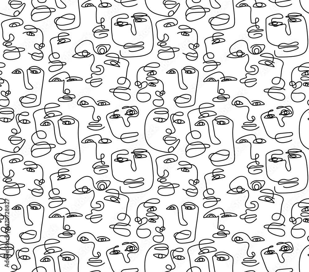 Seamless pattern with a man drawn in one line in an elegant minimalist style. Abstract face of woman and man. Contour silhouette of persons. Vector illustration background design.