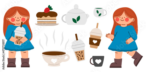 Cute little character teenager girl walks with drinks and sweets. Child child with tea cake and bubble tee. Takeaway coffee and cocoa in a plastic cup and mug. Vector illustration.