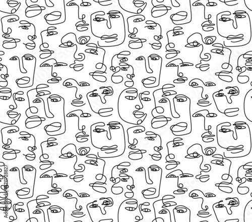 Seamless pattern with a man drawn in one line in an elegant minimalist style. Abstract face of woman and man. Contour silhouette of persons. Vector illustration background design.