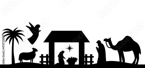 Holy night of birth of child jesus christ silhouette scene from religion christianity nativity scene. Biblical Religious History of Catholics. Cut for scrapbooking and print. Vector illustration.