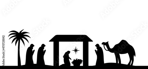 Holy night of birth of child jesus christ silhouette scene from religion christianity nativity scene. Biblical Religious History of Catholics. Cut for scrapbooking and print. Vector illustration. photo
