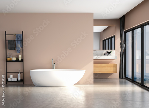 Minimalist bathroom interior with concrete floor beige wall background  white bathtub  front view. Minimalist bathroom with modern furniture. 3D rendering