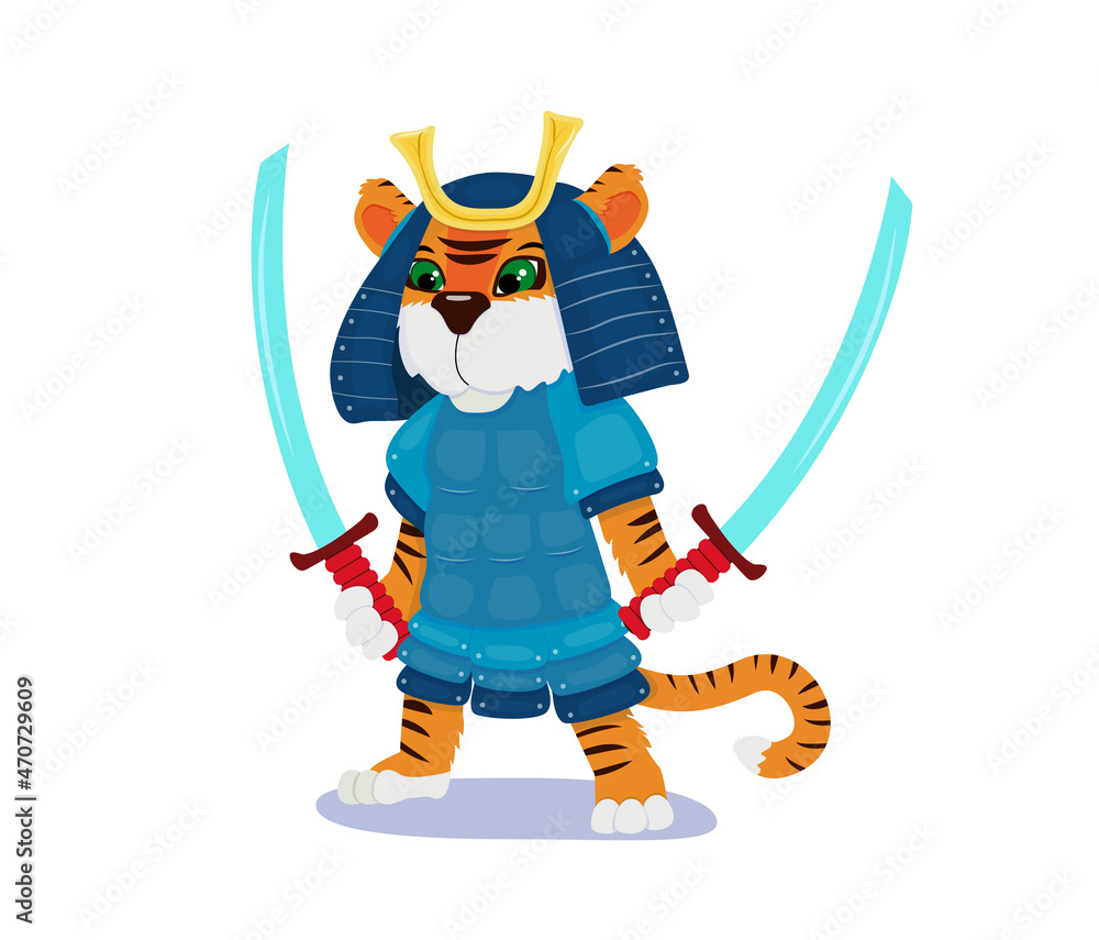 Cute tiger samurai in blue armor with swords. Cartoon defender of the new year. Traditional holiday symbol. Vector illustration. Cute tiger samurai in blue armor with swords. Cartoon defender of the new year. Traditional holiday symbol. Vector illustration.