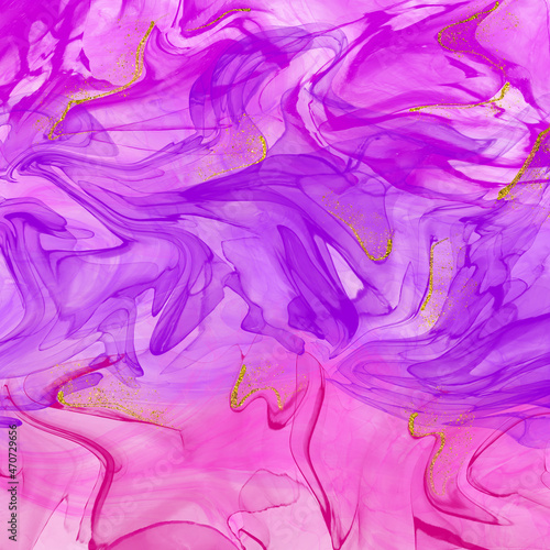 Pink and purple alcohol ink pattern with gold glitter decoration. Liquid artistic background.