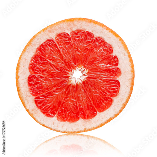 Slice of pink grapefruit isolated on white background.