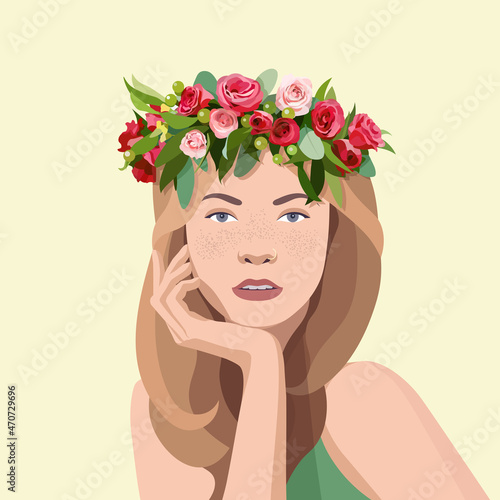 Portrait of a girl with freckles and a flower wreath on her head. Young woman with flowers in her hair. Template for spring banner, postcard, poster, invitation. Happy Women's Day.Vector illustration.