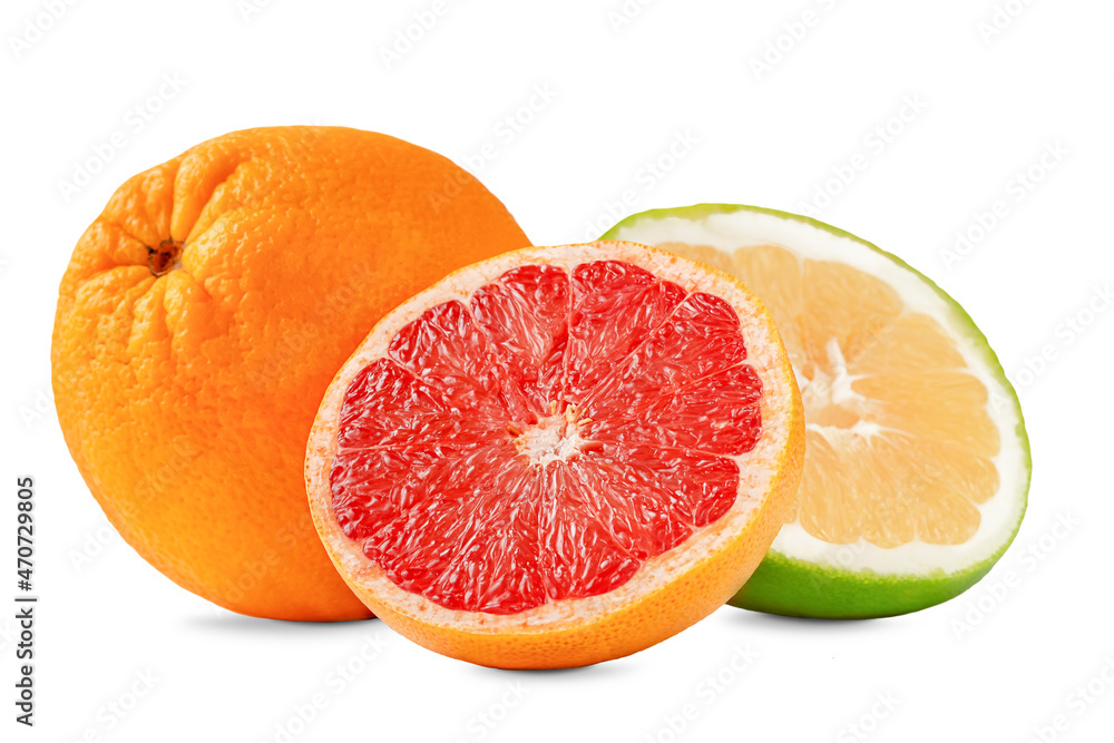 Composition of grapefruit, orange and sweetie fruits isolated on white background. Composition of grapefruit, orange and sweetie fruits isolated on white background.