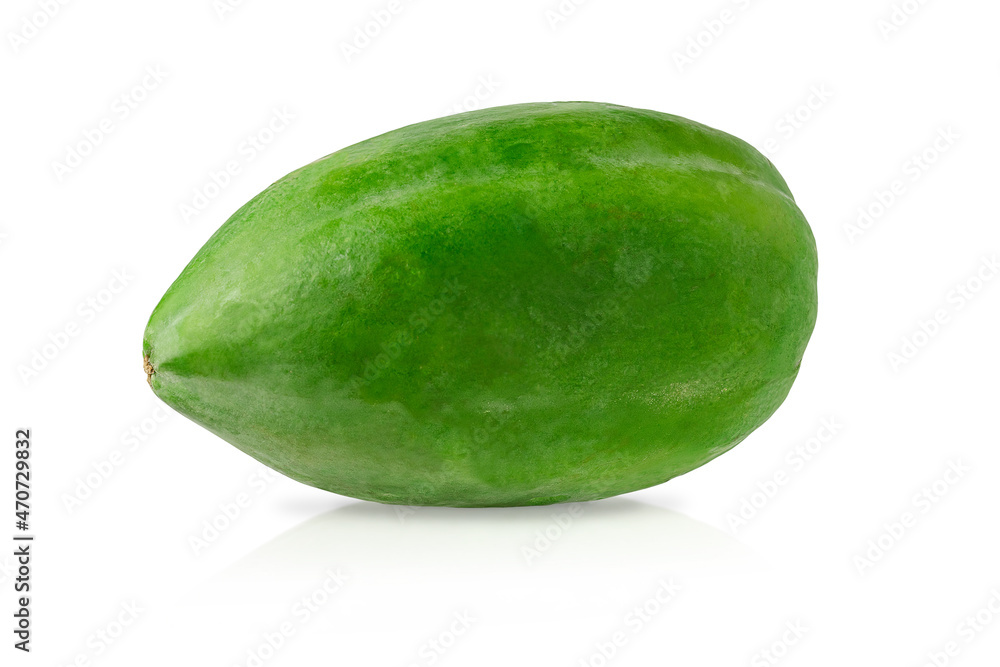 Whole green papaya isolated with clipping path on white background. Vegetarian food concept. Whole green papaya isolated with clipping path on white background. Vegetarian food concept.