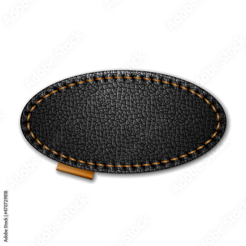 Blank oval stitched black leather label isolated on white background vector template.
